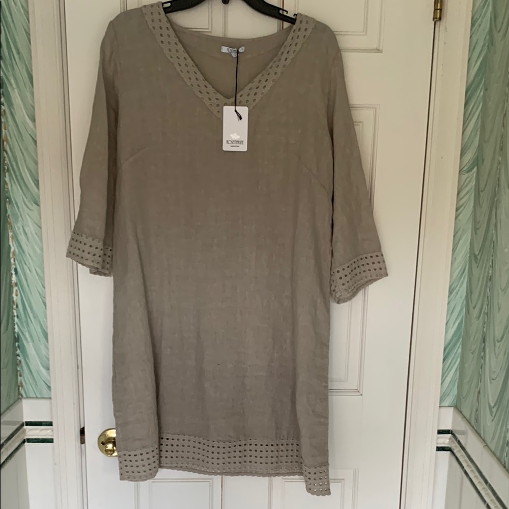 Tan Pure Linen V-Neck Dress with Crochet Trim